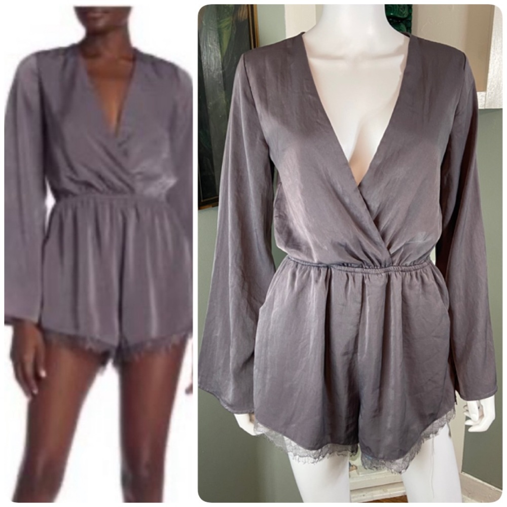 3/$12 ILLA ILLA Satin Bell Sleeve Small S Purple-Gray Wrap Romper Playsuit Short